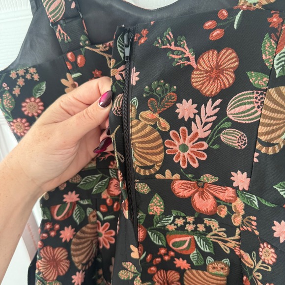 NWT ModCloth 2 Cat Print Floral Jacquard Fit and Flare Dress Sleeveless Black - Picture 7 of 10